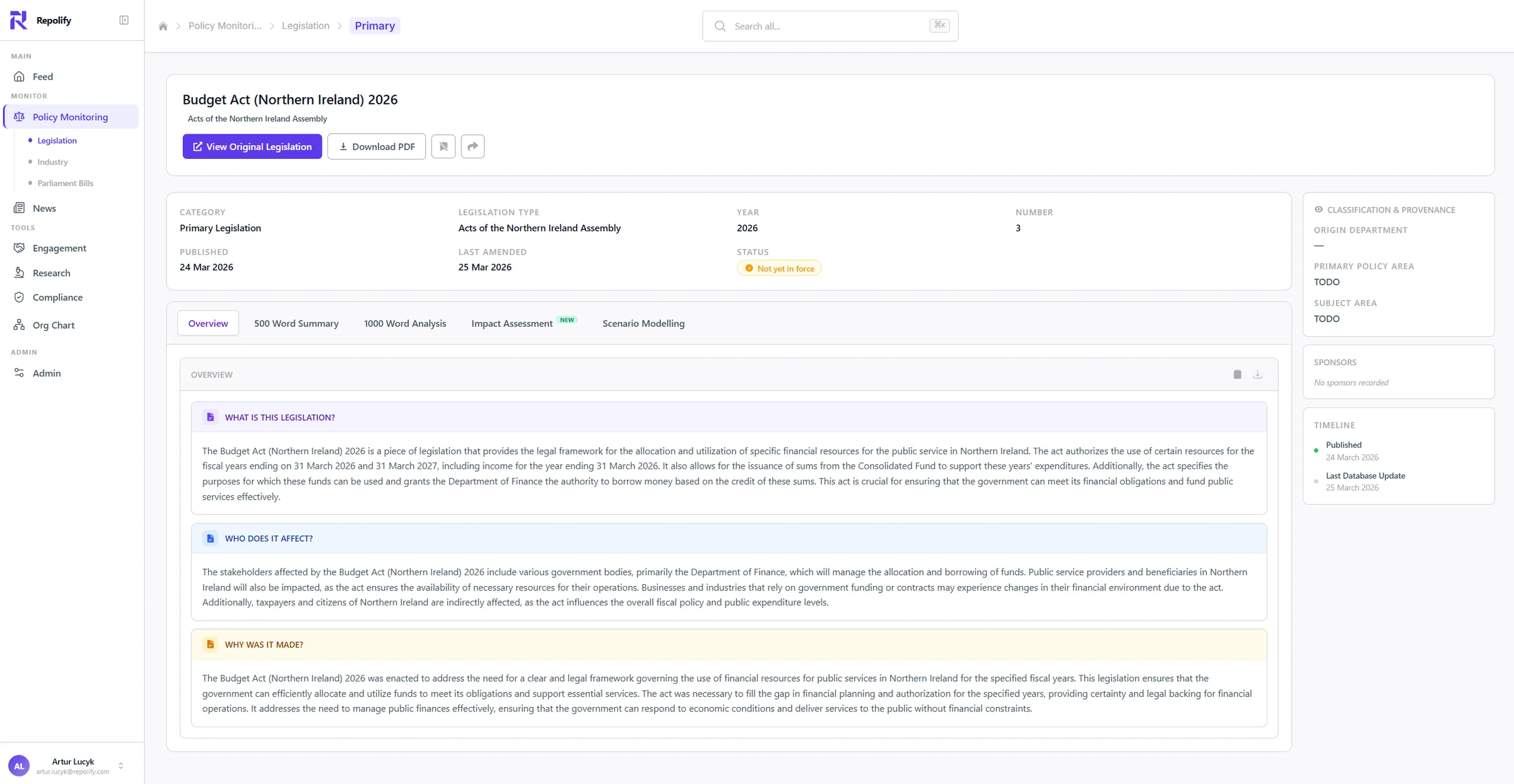 Repolify Parliament Bill detail page showing the Employment (Reasonable Adjustments for Carers) Bill with AI-generated summary, legislative metadata, and sponsor details